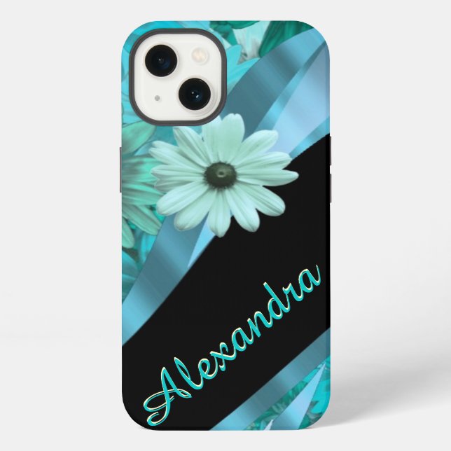 Personalized pretty aqua blue floral pattern iPhone case (Back)