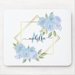 Personalized Pretty Baby Blue Floral Mouse Pad