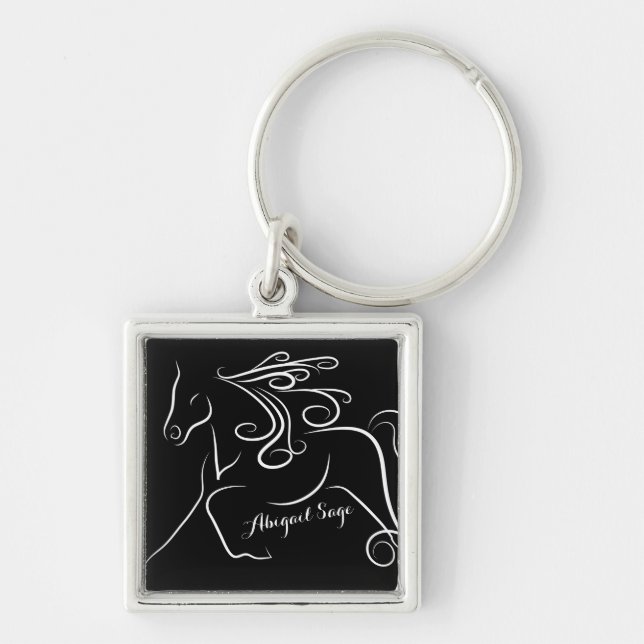 Personalized Pretty Black White Silhouette Horse Keychain (Front)