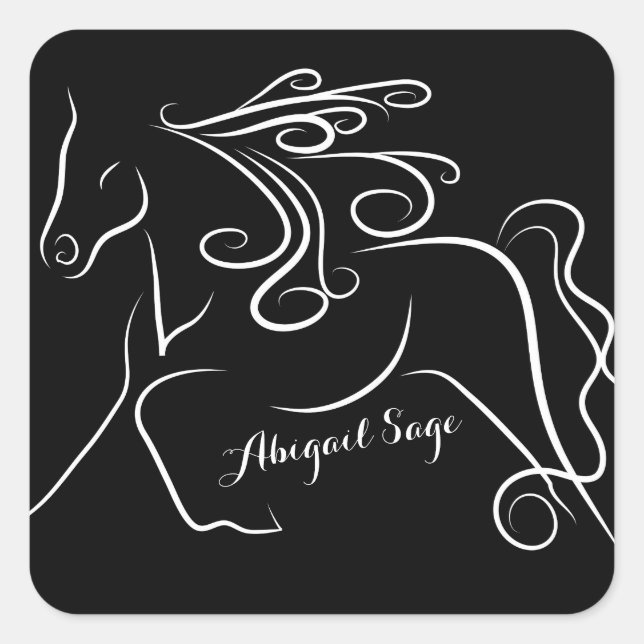 Personalized Pretty Black White Silhouette Horse Square Sticker (Front)