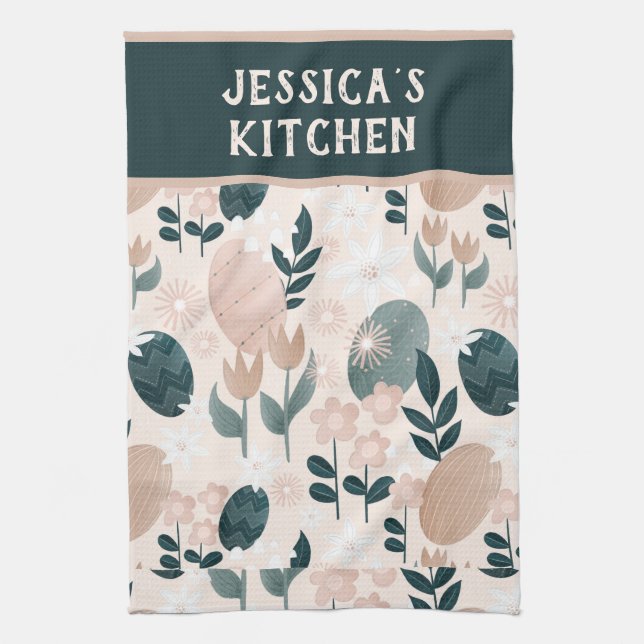 Personalized Pretty Botanical Easter Egg Pattern Kitchen Towel (Vertical)