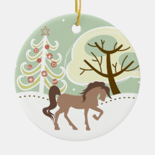 Personalized Pretty Brown Horse Snowy Winter Ceramic Ornament