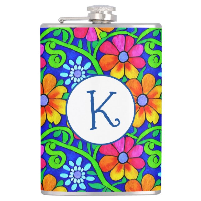 Personalized Pretty Colourful Floral Hip Flask (Front)