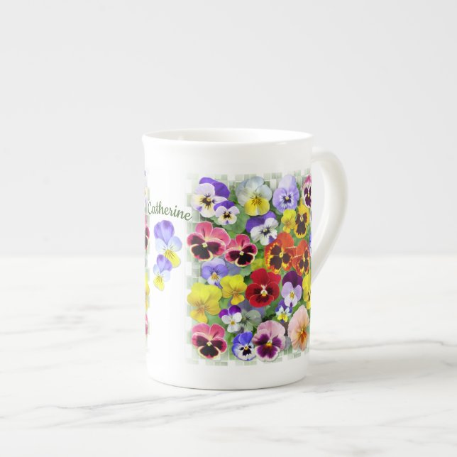 Personalized Pretty Colourful Pansies Bone China Mug (Front Right)