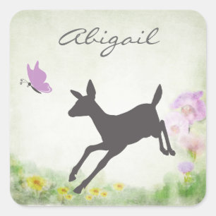 Personalized Pretty Deer, Butterfly and Flowers Square Sticker