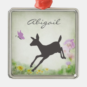 Personalized Pretty Doe and Butterfly Deer Holiday Metal Ornament