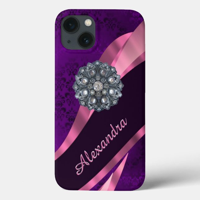 Personalized pretty elegant purple damask pattern Case-Mate iPhone case (Back)