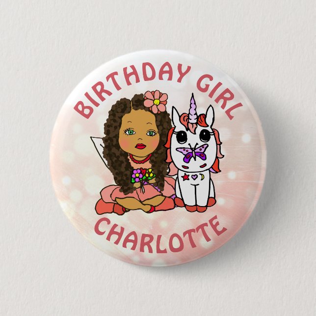 Personalized Pretty Fairy Birthday Girl 2 Inch Round Button (Front)