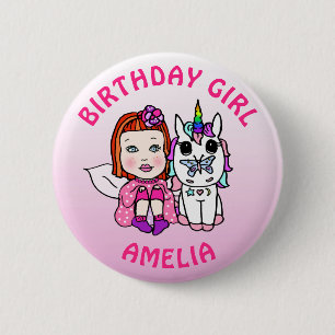 Personalized Pretty Fairy  Unicorn Birthday Girl 2 Inch Round Button