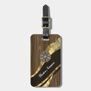Personalized pretty faux dark oak wood luggage tag