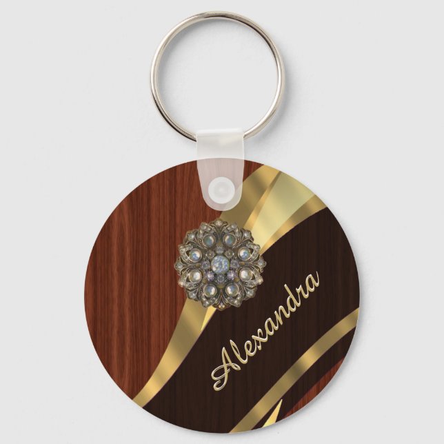Personalized pretty faux mahogany wood keychain (Front)