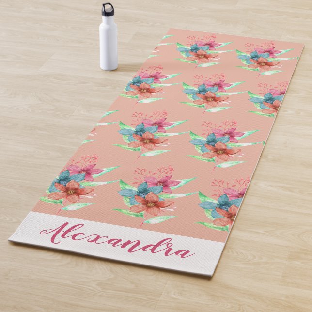 Personalized Pretty Floral Peach Pattern Yoga Mat (In Situ)