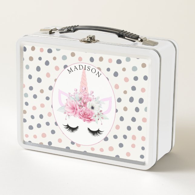 Personalized Pretty Floral Unicorn Metal Lunch Box (Front)