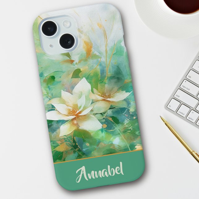 Personalized Pretty Floral Watercolor Green iPhone 15 Case (Creator Uploaded)