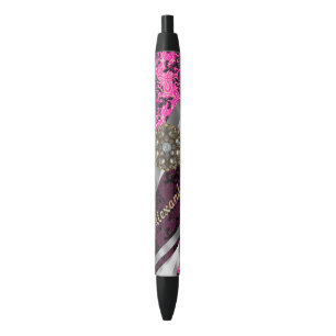 Personalized pretty girly fuchsia damask pattern black ink pen