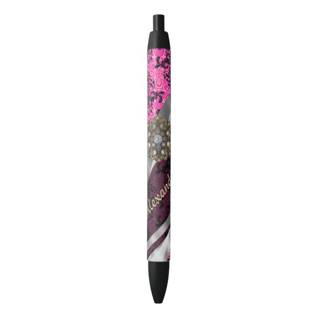 Personalized  pretty girly fuchsia damask pattern black ink pen (Front Vertical)