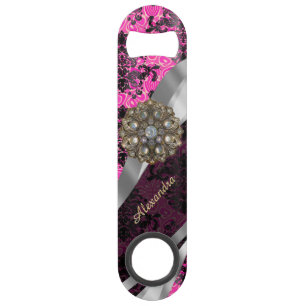 Personalized pretty girly fuchsia damask pattern speed bottle opener