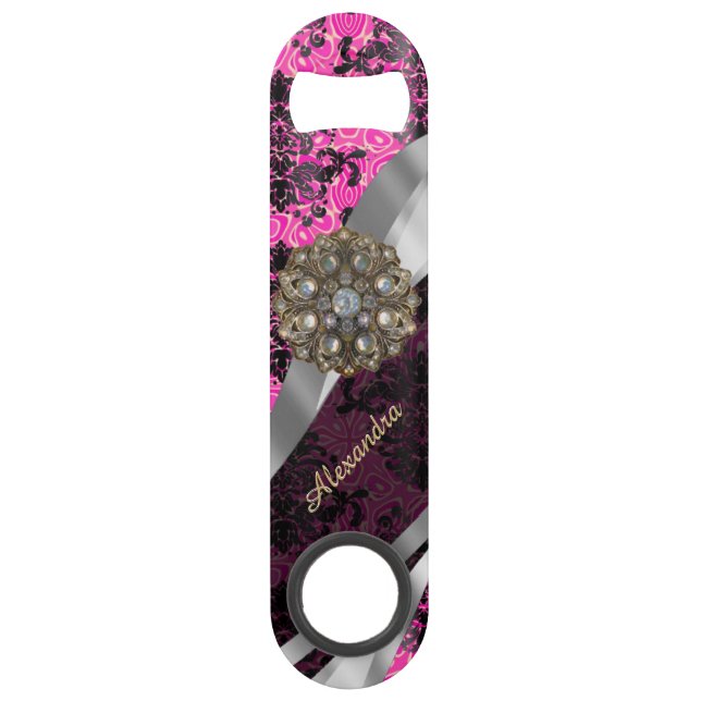 Personalized  pretty girly fuchsia damask pattern speed bottle opener (Front)