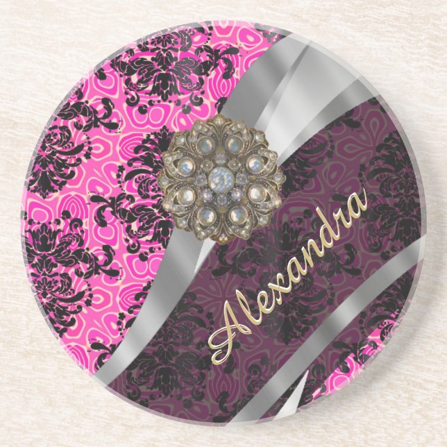 Personalized pretty girly pink damask pattern coaster (Front)