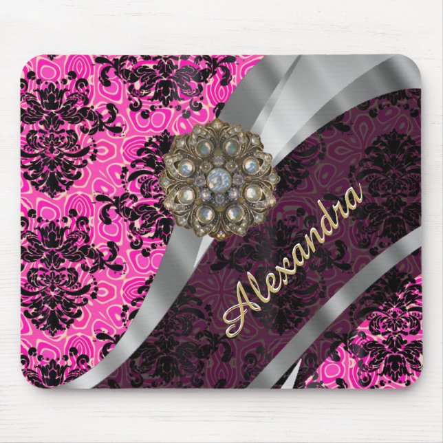 Personalized pretty girly pink damask pattern mouse pad (Front)