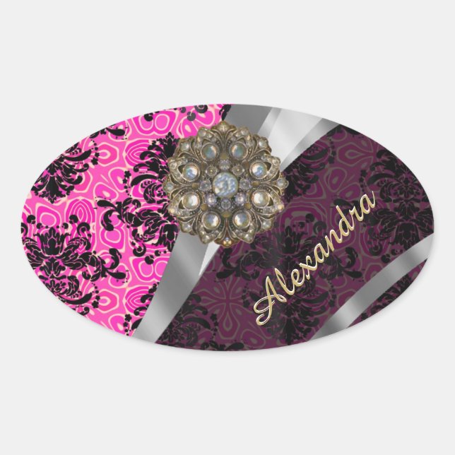 Personalized pretty girly pink damask pattern oval sticker (Front)