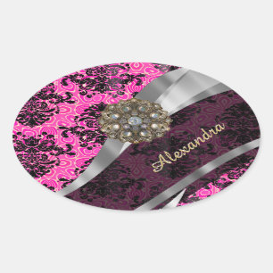 Personalized pretty girly pink damask pattern oval sticker