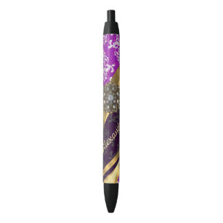 Personalized  pretty girly purple damask pattern black ink pen