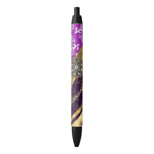 Personalized  pretty girly purple damask pattern black ink pen (Front Vertical)