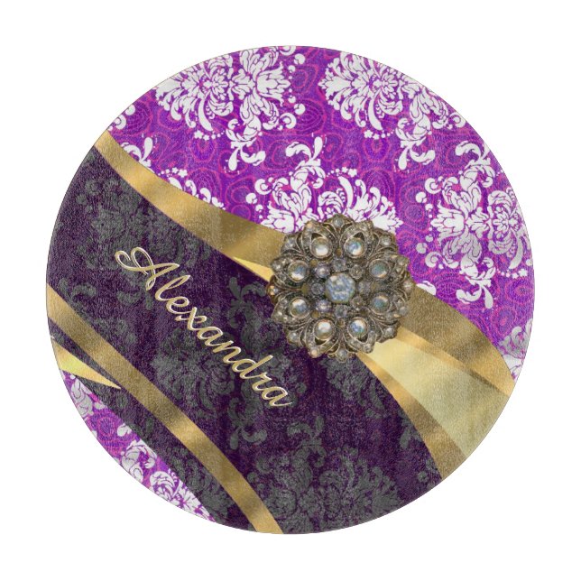 Personalized  pretty girly purple damask pattern cutting board (Front)