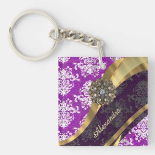 Personalized pretty girly purple damask pattern keychain