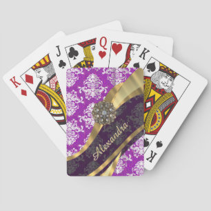 Personalized  pretty girly purple damask pattern playing cards