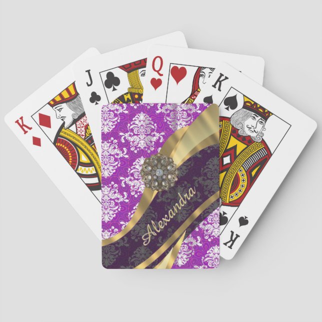 Personalized  pretty girly purple damask pattern playing cards (Back)