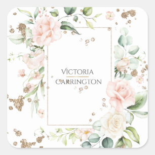 Personalized Pretty Gold Floral Watercolor Square Sticker