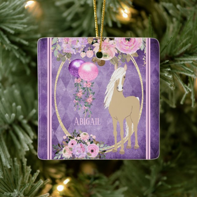 Personalized Pretty Horse Pink Purple Christmas Ceramic Ornament (Tree)
