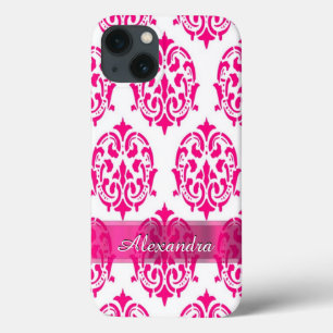 Personalized pretty hot pink and white damask iPhone 13 case