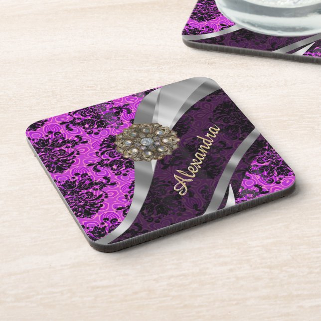 Personalized pretty magenta girly damask pattern coaster (Left Side)