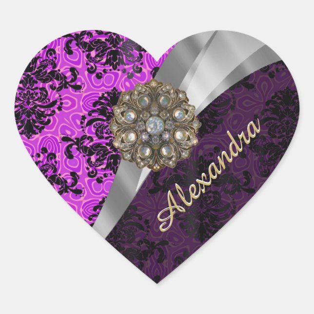 Personalized pretty magenta girly damask pattern heart sticker (Front)