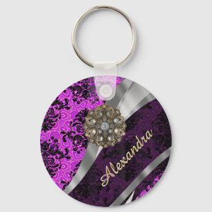 Personalized pretty magenta girly damask pattern keychain