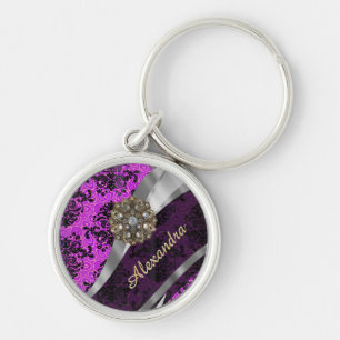 Personalized pretty magenta girly damask pattern keychain