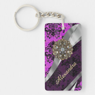 Personalized pretty magenta girly damask pattern keychain