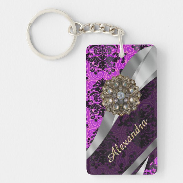 Personalized pretty magenta girly damask pattern keychain (Front)