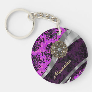 Personalized pretty magenta girly damask pattern keychain