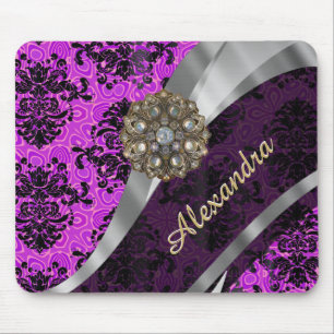 Personalized pretty magenta girly damask pattern mouse pad