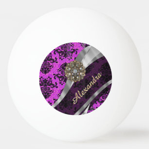 Personalized pretty magenta girly damask pattern ping pong ball