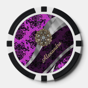 Personalized pretty magenta girly damask pattern poker chips