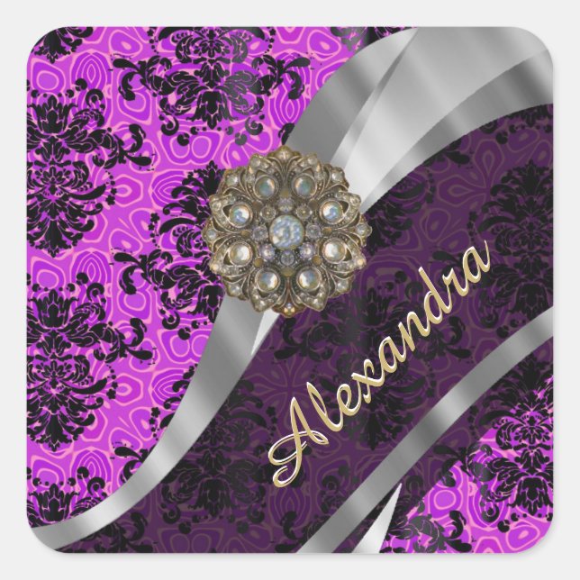 Personalized pretty magenta girly damask pattern square sticker (Front)
