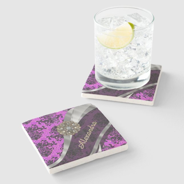 Personalized pretty magenta girly damask pattern stone coaster (Side)