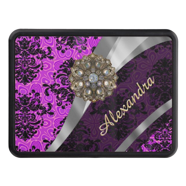 Personalized pretty magenta girly damask pattern trailer hitch cover (Front)