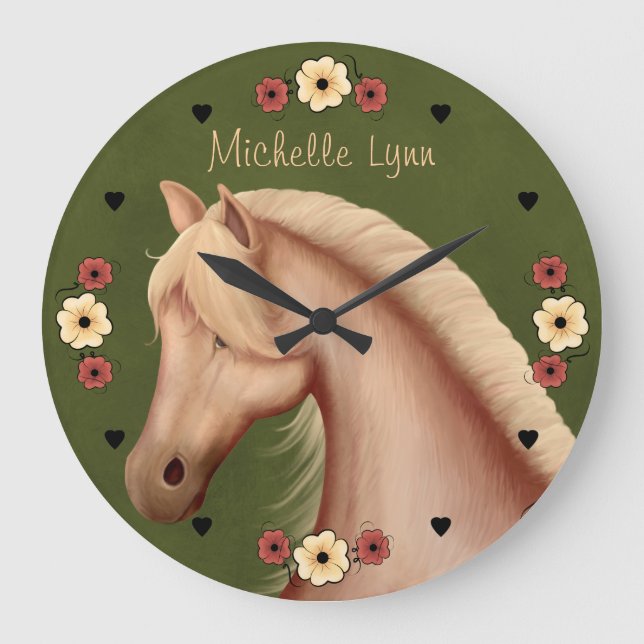 Personalized Pretty Palomino Pony n Flowers Horse Large Clock (Front)