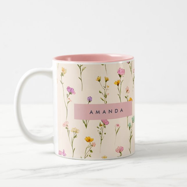 Personalized Pretty Pastel Blossoms Two-Tone Coffee Mug (Left)